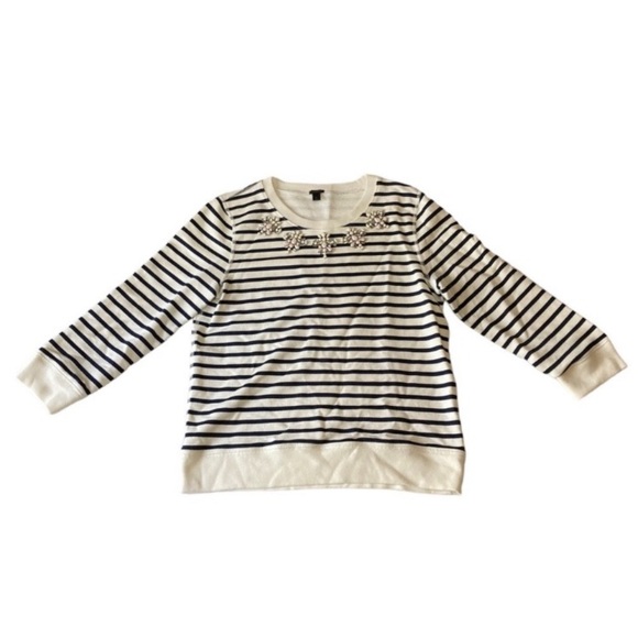 J Crew Striped Jewel Embellished Crew Neck 3/4 Sleeve Sweatshirt Small - Picture 1 of 7